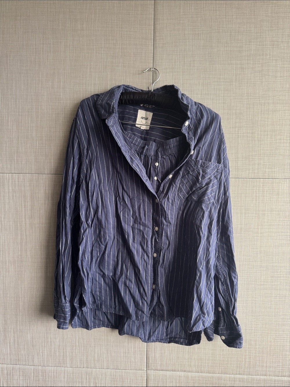 aerie Navy Blue Pinstripe Button-Down Shirt and Shorts- Matching Set